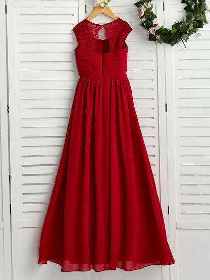 A-Line Square Neck Floor Length Chiffon Junior Bridesmaid Dress With Lace / Ruching