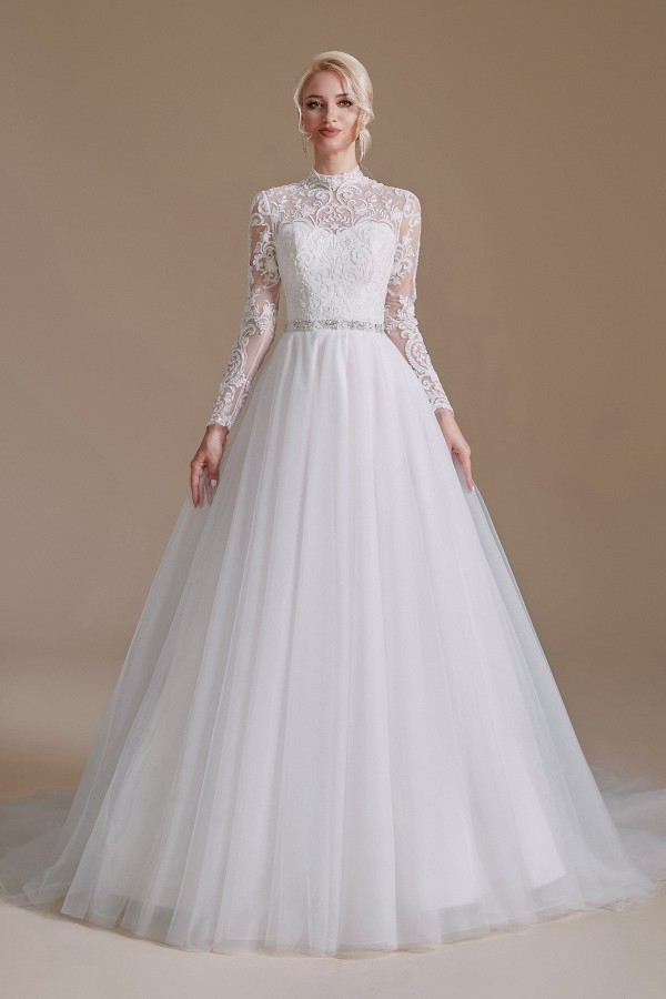 Modest A-line High Neck Long Sleeves Tulle Lace Wedding Dresses