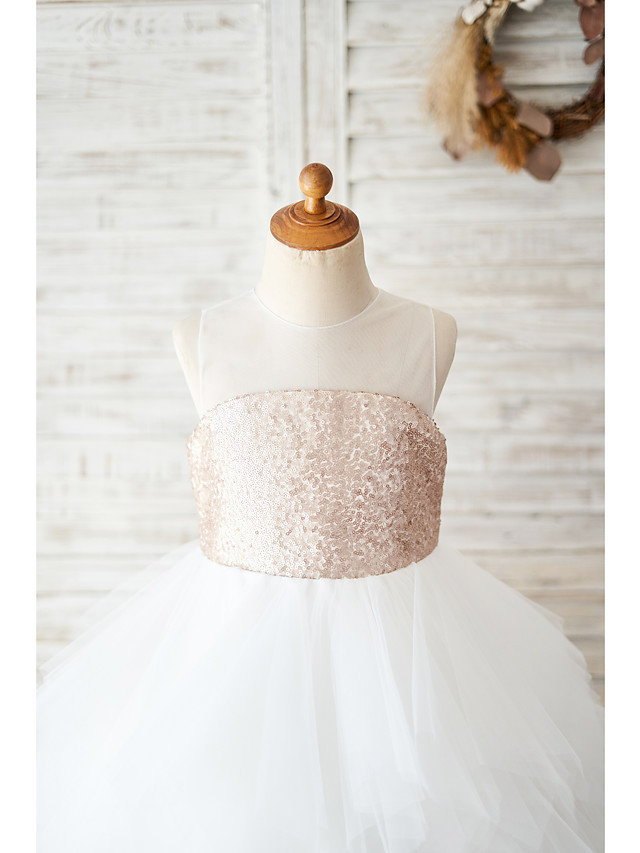 Ball Gown Knee Length Wedding / Birthday Flower Girl Dresses - Tulle / Sequined Sleeveless Jewel Neck With Tiered