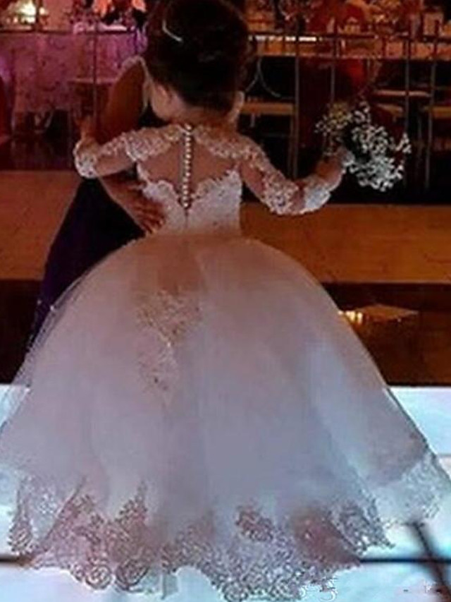 Ball Gown Floor Length Wedding Flower Girl Dresses - Lace Long Sleeve Jewel Neck With Appliques / Solid