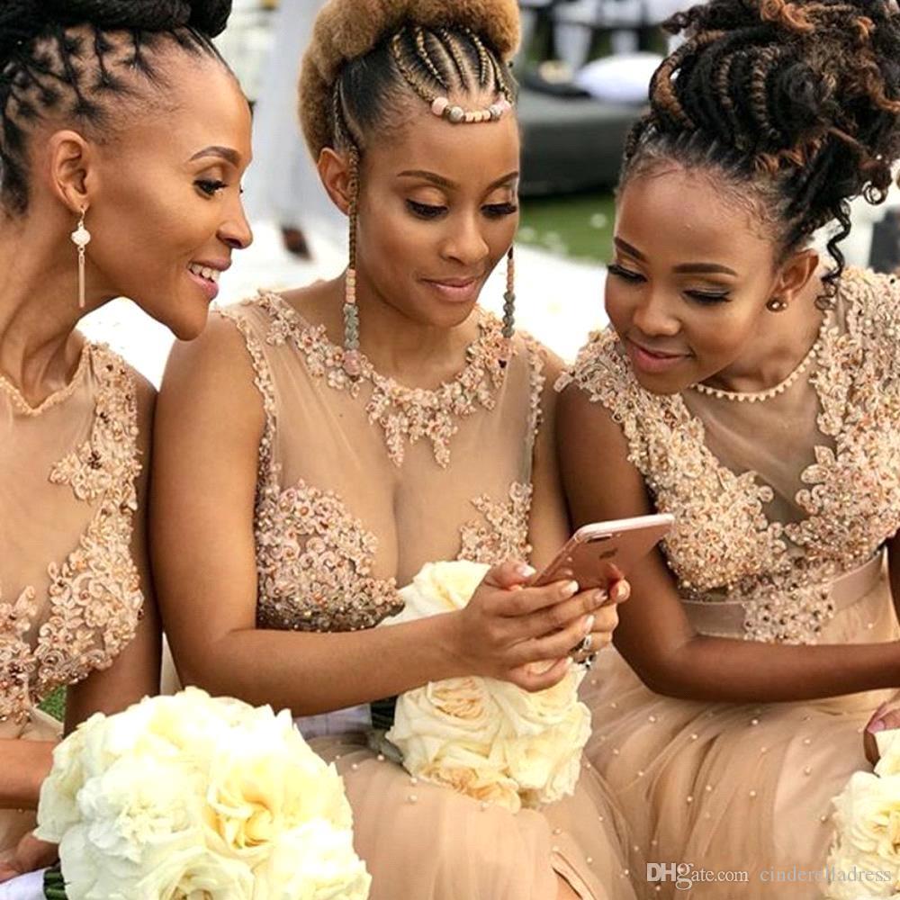 Charming Tulle Lace Appliques Pearl A-Line Bridesmaid Dress With Side Slit