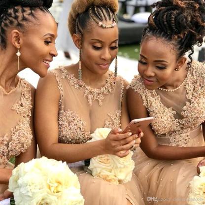 Charming Tulle Lace Appliques Pearl A-Line Bridesmaid Dress With Side Slit