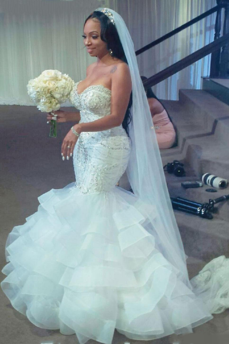 Luxury Long Strapless Ruffles Beaded Mermaid Wedding Dress