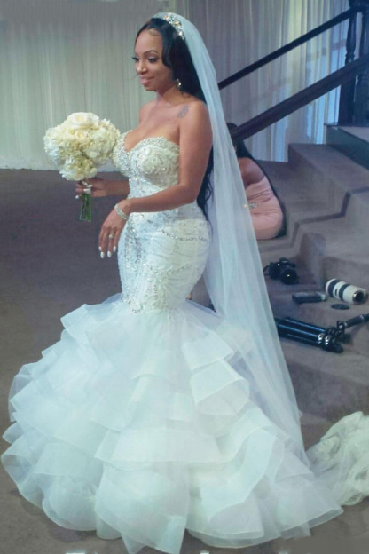 Luxury Long Strapless Ruffles Beaded Mermaid Wedding Dress