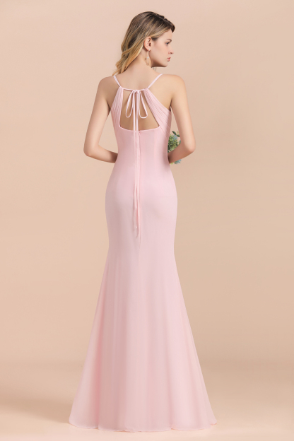 Pink V-neck A-Line Spaghetti Straps Chiffon Floor-length Bridesmaid Dress With Side Slit
