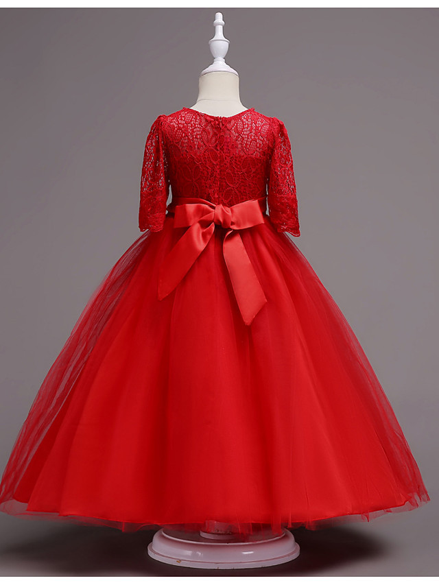 Princess Tea Length Wedding / First Communion Flower Girl Dresses - Lace / Satin / Tulle Half Sleeve Jewel Neck With Lace / Belt / Beading