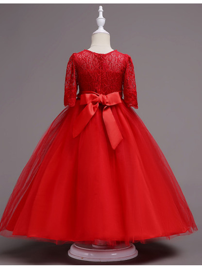 Princess Tea Length Wedding / First Communion Flower Girl Dresses - Lace / Satin / Tulle Half Sleeve Jewel Neck With Lace / Belt / Beading
