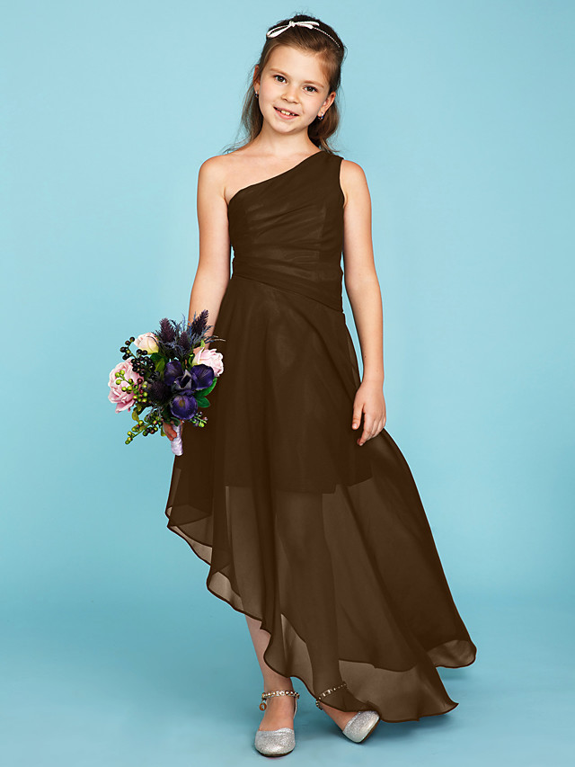 A-Line One Shoulder Asymmetrical Chiffon Junior Bridesmaid Dress With Side Draping / Wedding Party