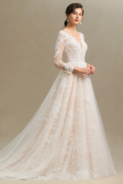 Long A-line V-neck Tulle Lace Wedding Dress with Sleeves