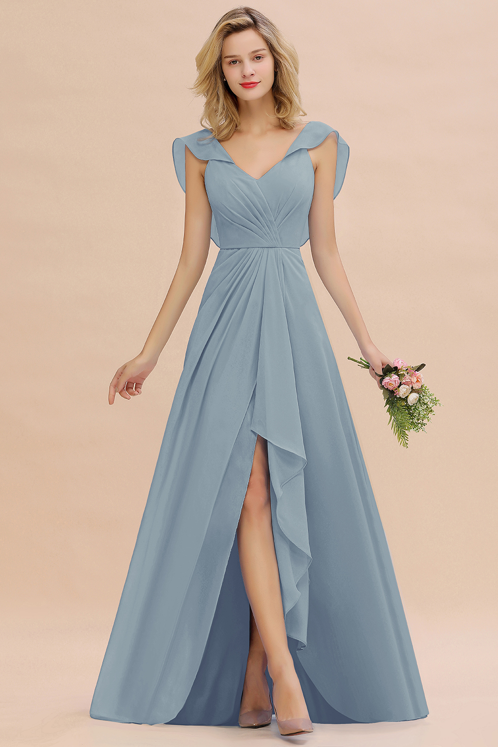 BM0777 Simple Hi-Lo V-Neck Ruffles Long Bridesmaid Dress