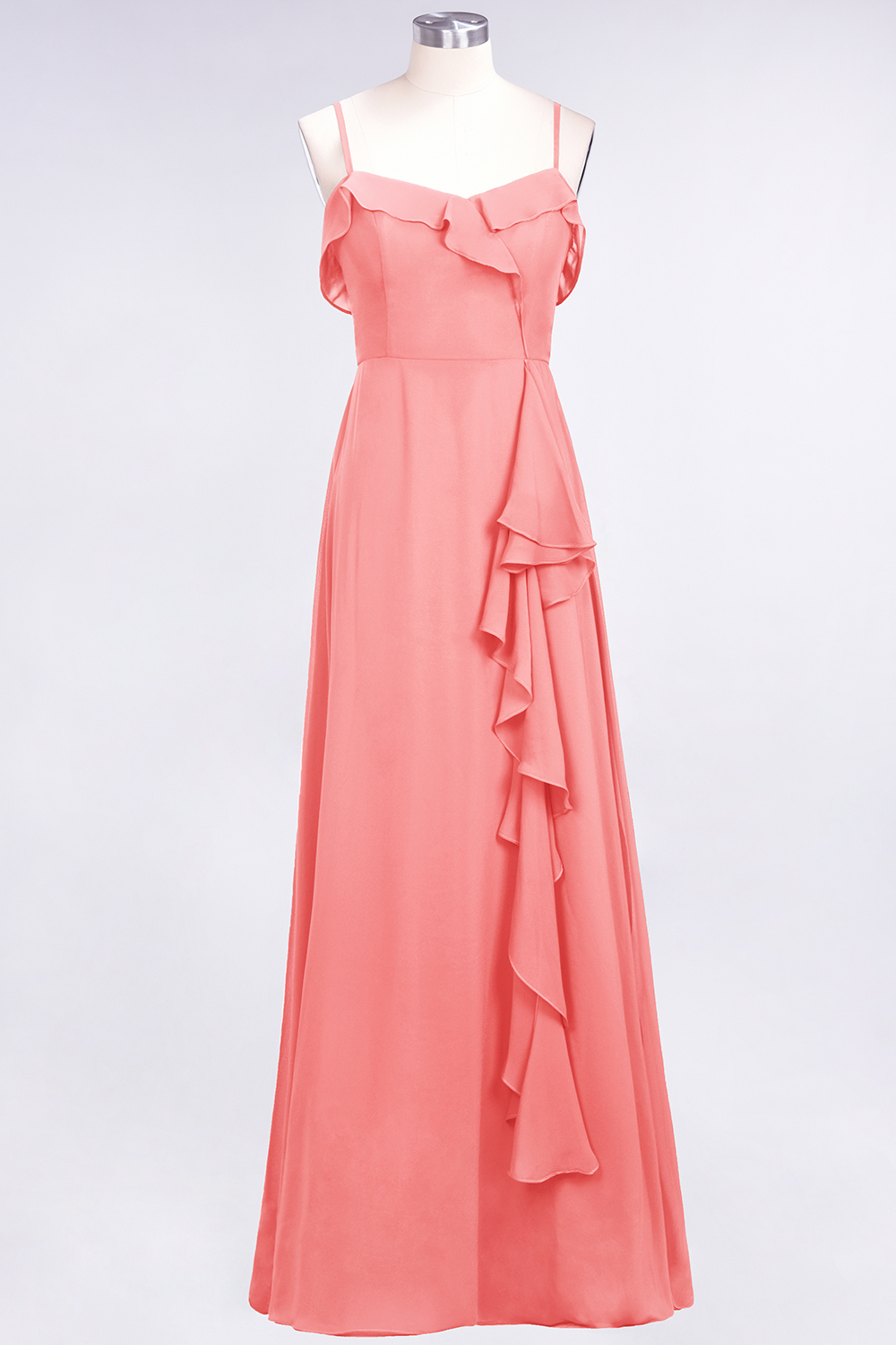 Spaghetti Straps A-Line Chiffon Backless Floor-length Prom Dress With Ruffles
