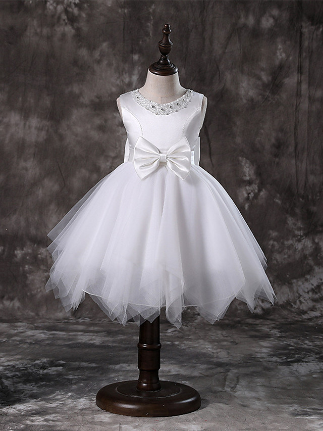 Princess / A-Line Knee Length / Medium Length Wedding / First Communion / Pageant Flower Girl Dresses - Tulle / Satin Chiffon / Polyester Sleeveless Jewel Neck With Faux Pearl / Bow(S) / Tier