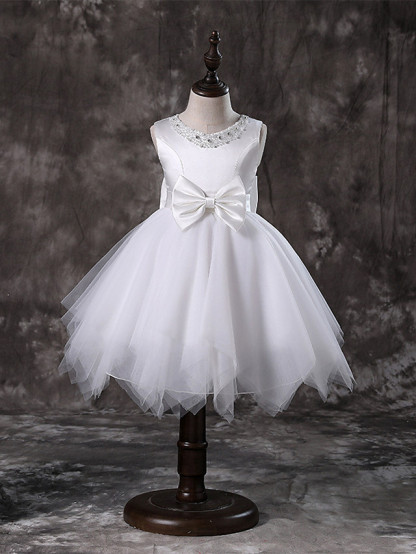 Princess / A-Line Knee Length / Medium Length Wedding / First Communion / Pageant Flower Girl Dresses - Tulle / Satin Chiffon / Polyester Sleeveless Jewel Neck With Faux Pearl / Bow(S) / Tier
