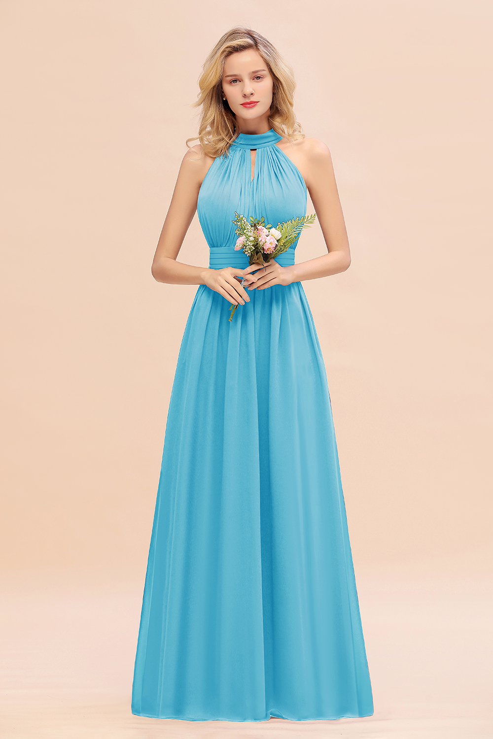 BM0758 Glamorous High-Neck Halter Bridesmaid Affordable Dresses with Ruffle