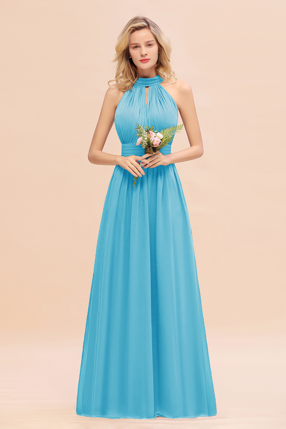 BM0758 Glamorous High-Neck Halter Bridesmaid Affordable Dresses with Ruffle