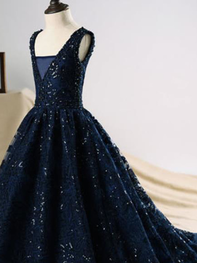 Dark Navy Long A-line Sequin Engagement Party Flower Girl Dresses