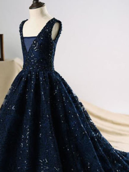 Dark Navy Long A-line Sequin Engagement Party Flower Girl Dresses