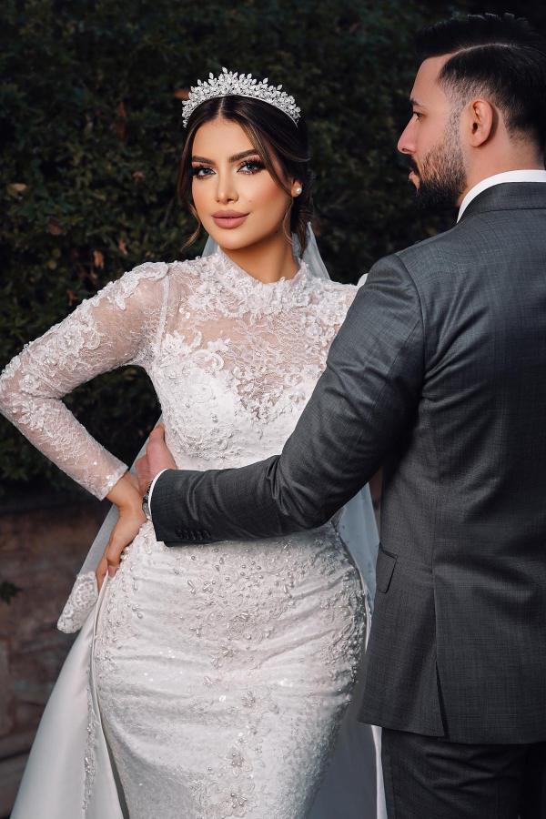 Charming Long Sleeves High Neck Satin Lace Mermaid Wedding Dresses with Chapel Train