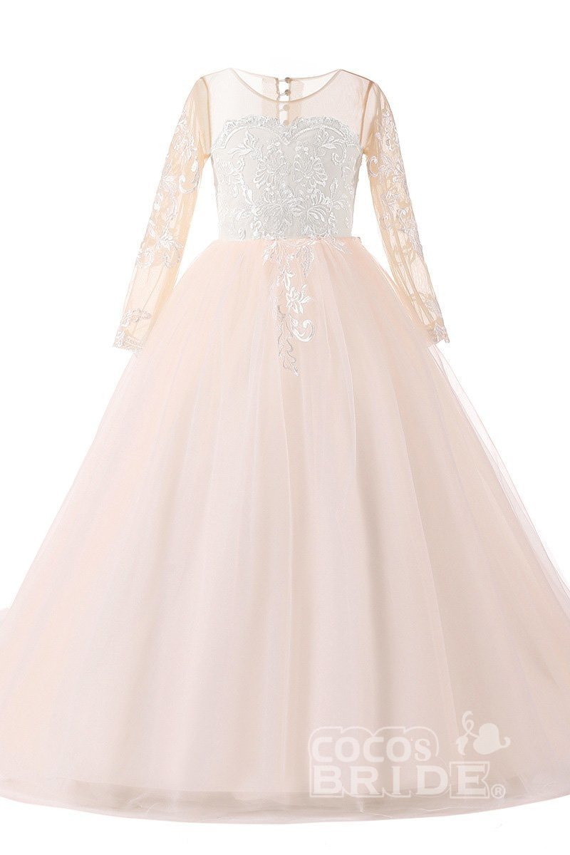 White Scoop Neck Long Sleeves Ball Gown Flower Girls Dress