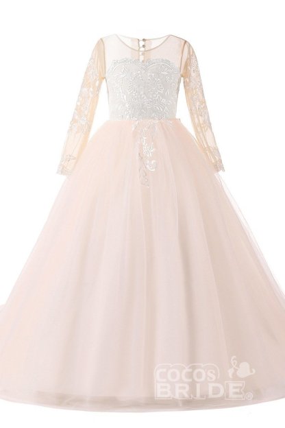 White Scoop Neck Long Sleeves Ball Gown Flower Girls Dress