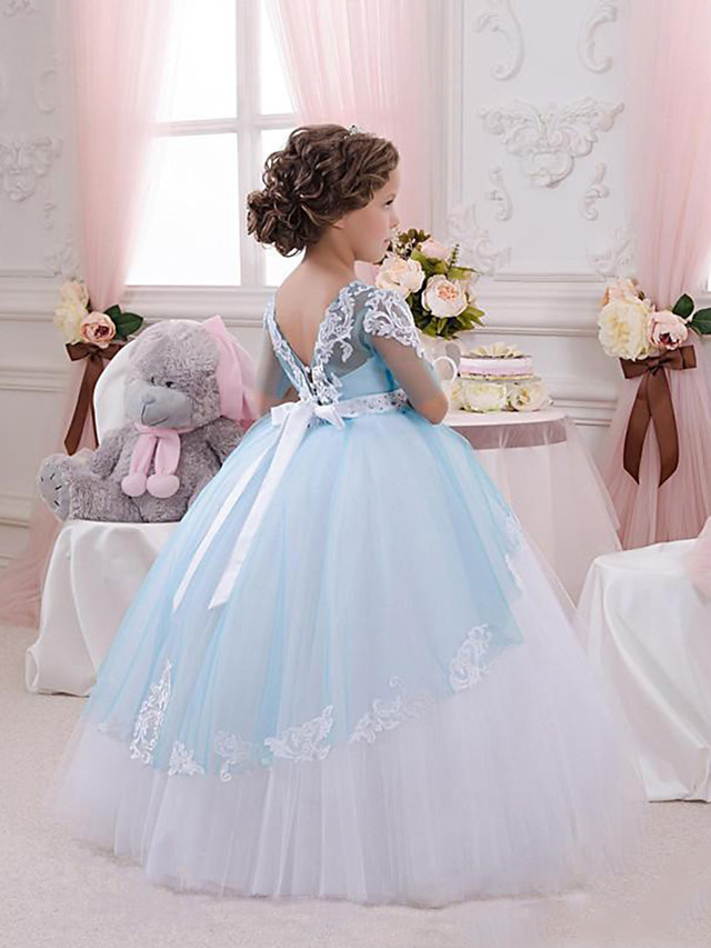 Long Ball Gown Jewel Neck Tulle Floor Length Birthday Party Dresses with Sleeves