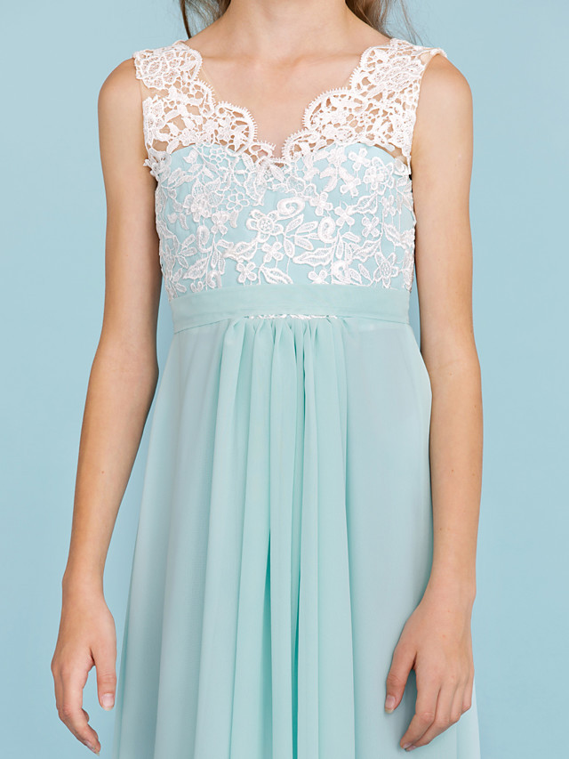 Sheath / Column V Neck Floor Length Chiffon / Lace Junior Bridesmaid Dress With Sash / Ribbon / Pleats / Color Block / Wedding Party / Open Back