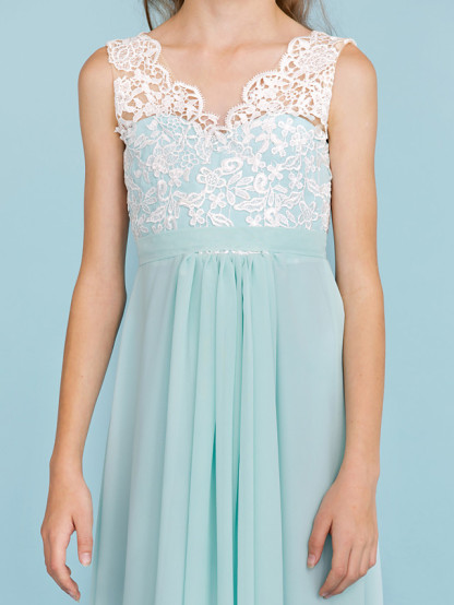 Sheath / Column V Neck Floor Length Chiffon / Lace Junior Bridesmaid Dress With Sash / Ribbon / Pleats / Color Block / Wedding Party / Open Back