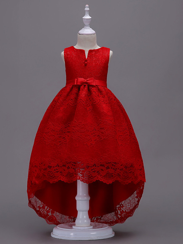 Princess Asymmetrical Wedding / First Communion Flower Girl Dresses - Lace / Satin / Tulle Sleeveless V Wire With Lace / Belt / Bow(S)