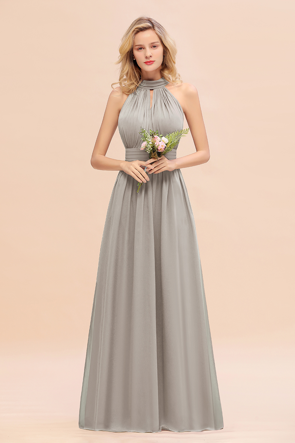 BM0758 Glamorous High-Neck Halter Bridesmaid Affordable Dresses with Ruffle