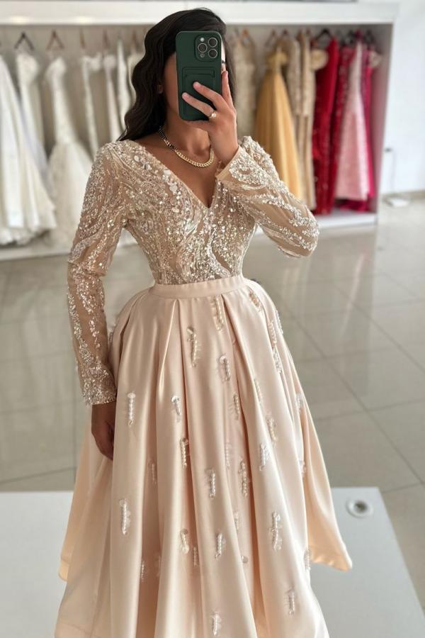 Champagne Long Sleeves V Neck A Line Long Prom Dress with Beads and Ruffles