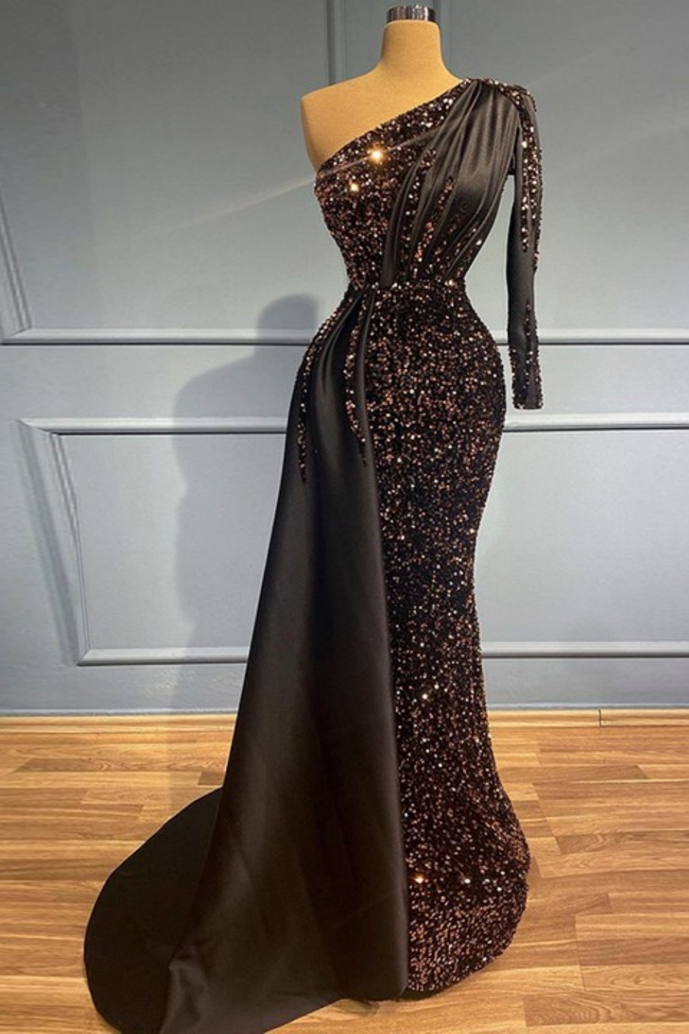 knee length dresses for ladies One Shoulder Mermaid Black Lace Long Sleeve Prom Dress PSK333 US4 / Black