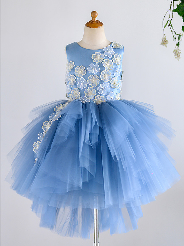 Ball Gown Asymmetrical Wedding / Birthday / Pageant Flower Girl Dresses - Satin / Tulle Sleeveless Jewel Neck With Petal / Pearls