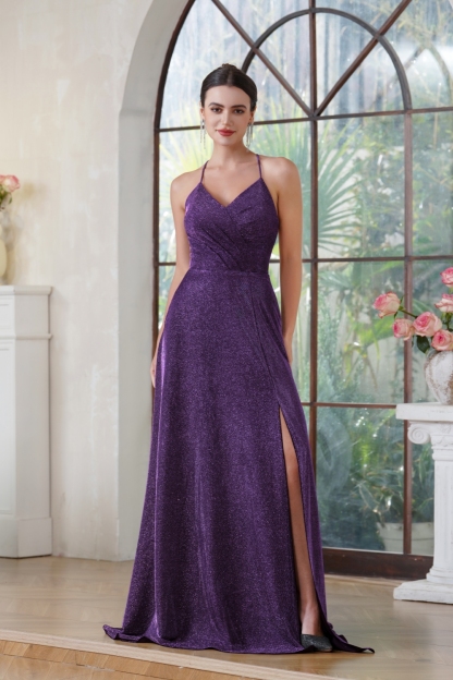 Glitter Long A-line V-neck Halter Front Slit Backless Prom Dresses with Pocket