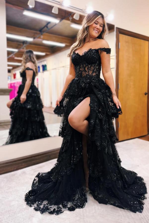 Black Long A-line Off The Shoulder Tulle Lace Prom Dresses with Slit