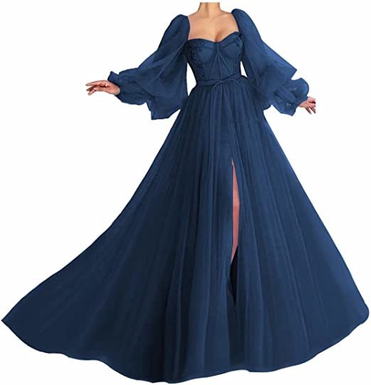 Awesome Long Sleeves A-line Sweetheart Tulle Prom Dress with Slit