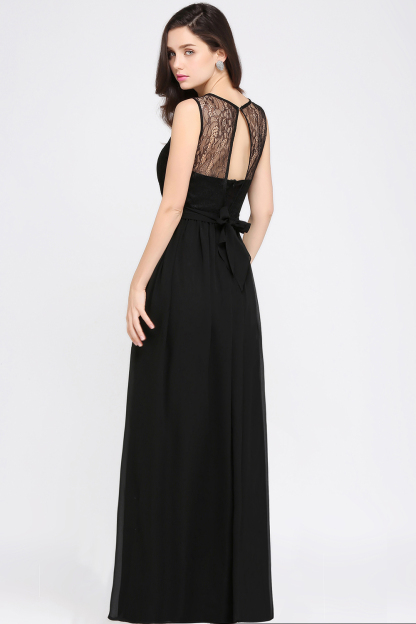 A-Line Chiffon Lace Jewel Sleeveless Keyhole Floor-Length Bridesmaid Dresses
