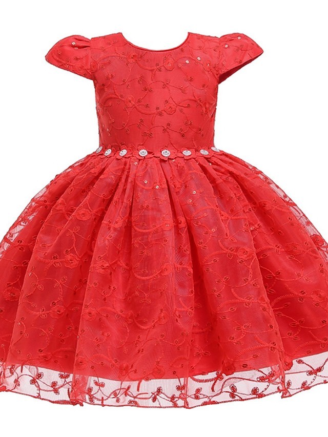 Princess / Ball Gown Knee Length Wedding / Party Flower Girl Dresses - Tulle Cap Sleeve Jewel Neck With Sash / Ribbon / Bow(S) / Embroidery