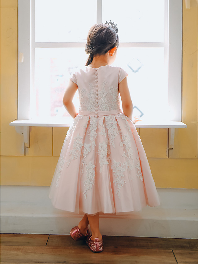 Ball Gown Tea Length Wedding / Birthday / Pageant Flower Girl Dresses - Lace / Satin Cap Sleeve Jewel Neck With Belt / Buttons / Appliques