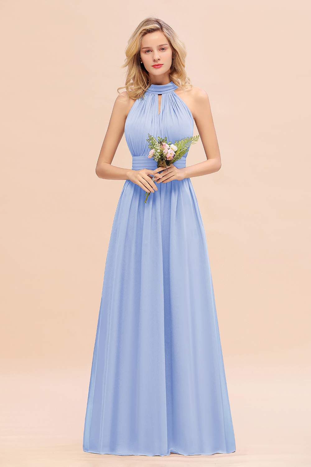BM0758 Glamorous High-Neck Halter Bridesmaid Affordable Dresses with Ruffle