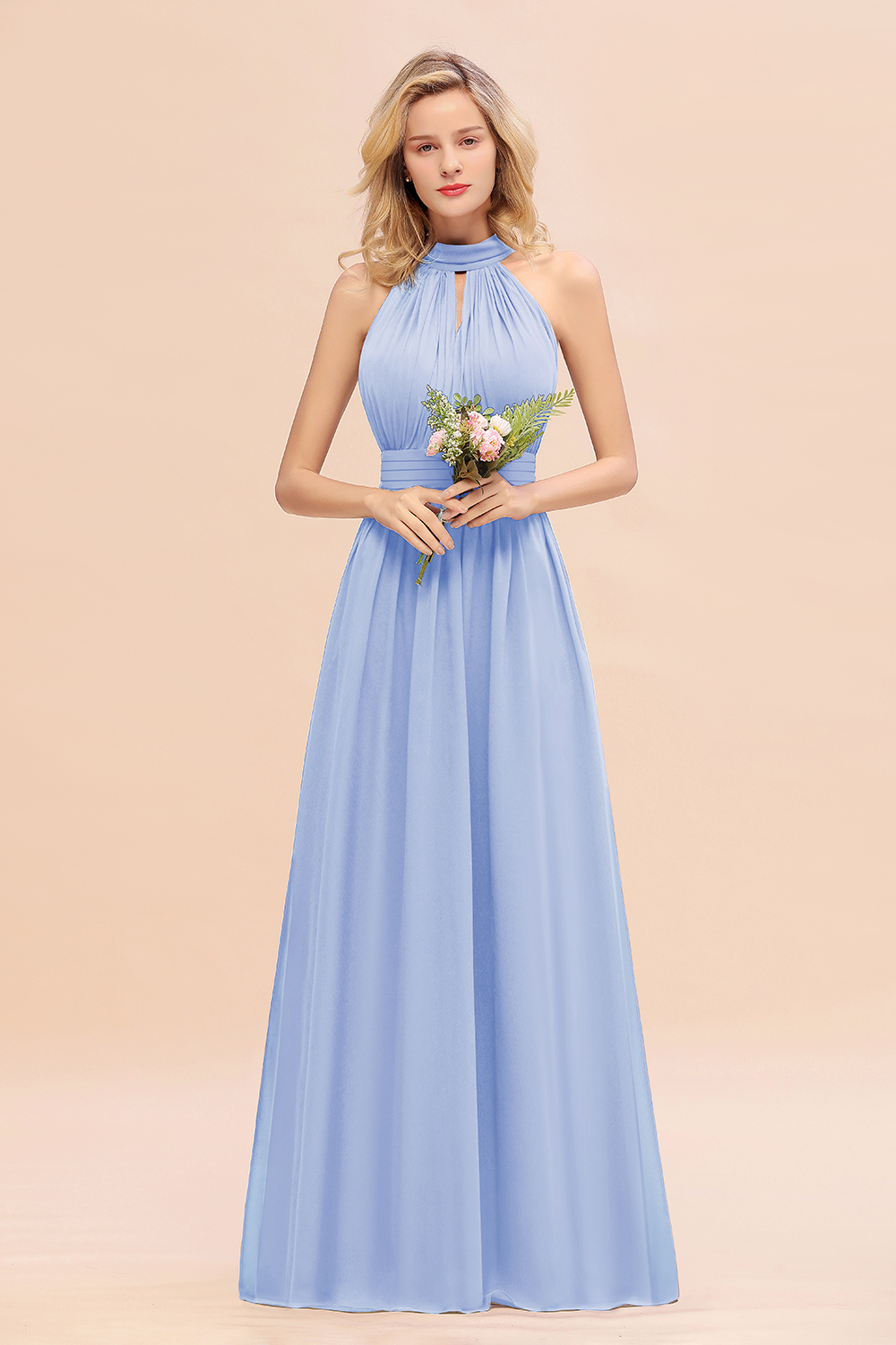 BM0758 Glamorous High-Neck Halter Bridesmaid Affordable Dresses with Ruffle
