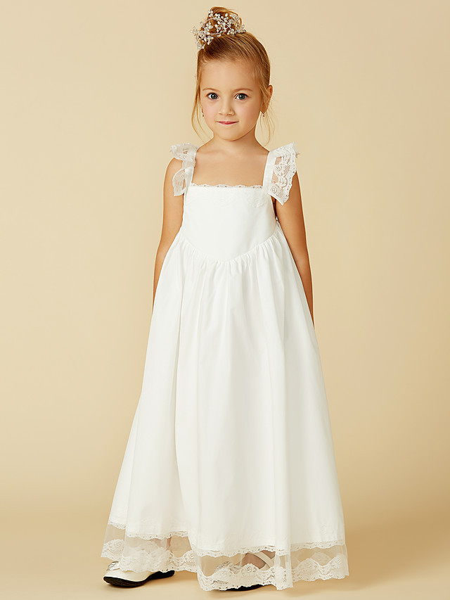 A-Line Ankle Length Wedding / First Communion Flower Girl Dresses - Lace / Cotton Sleeveless Straps With Pleats