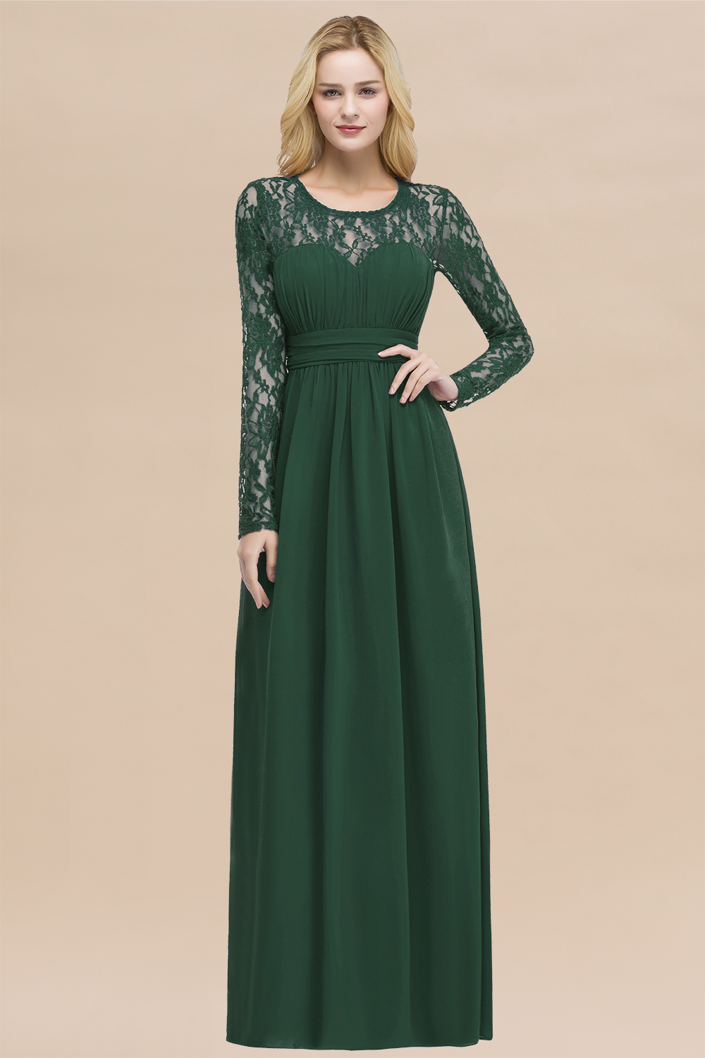 Elegant A-Line Chiffon Jewel Long Sleeves Ruffles Floor-Length Bridesmaid Dresses