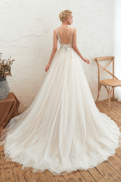Chic Long V-neck Lace-up Appliques Tulle A-line Wedding Dress