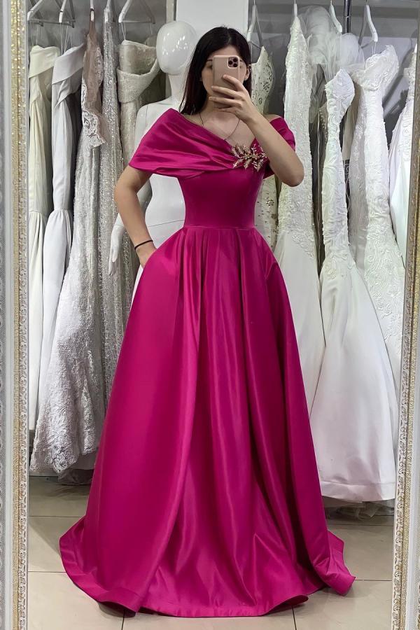 Long A-line Off the Shoulder Satin Formal Evening Dress with Pockets COCOSBRIDE Long A-line Off the Shoulder Satin Formal Evening Dress with Pockets COCOSBRIDE