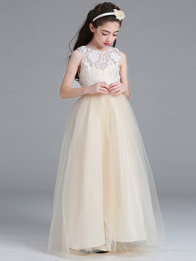 Long Floor Length Tulle Lace Junior Bridesmaid Dress A-line Flower Girl Dresses