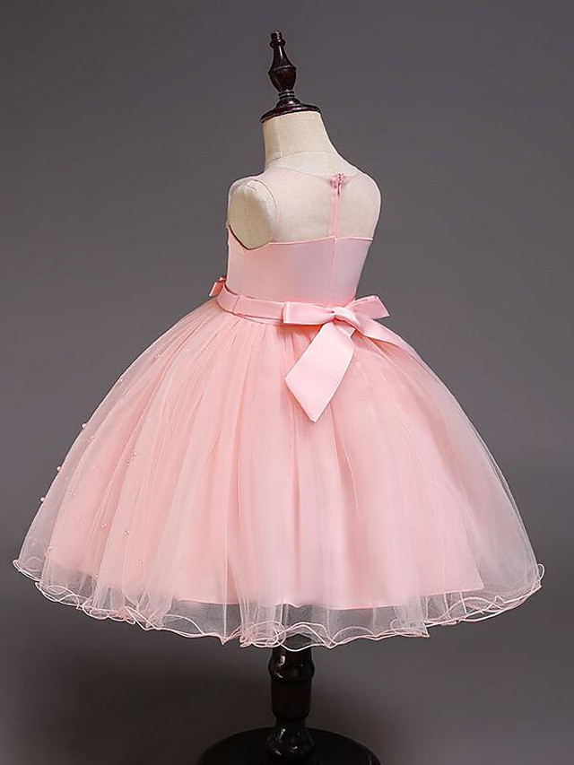 Princess Knee Length Wedding / Party / Pageant Flower Girl Dresses - Satin / Tulle / Cotton Sleeveless Jewel Neck With Belt / Crystals / Beading
