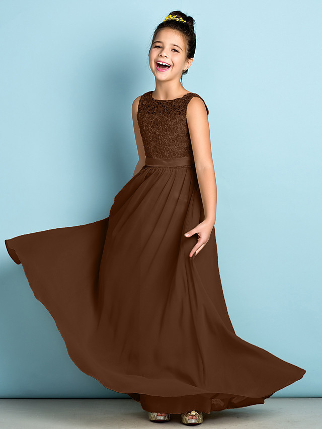 A-Line Scoop Neck Floor Length Chiffon / Lace Junior Bridesmaid Dress With Lace / Natural / Mini Me