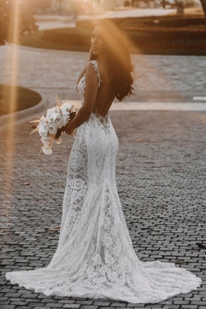Long V-neck Wide Straps Appliques Lace Open Back Mermaid Wedding Dress