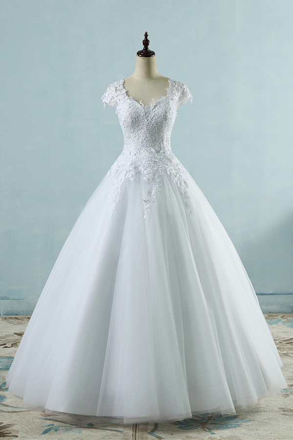 Appliques Cap Sleeve Tulle A-line Wedding Dress