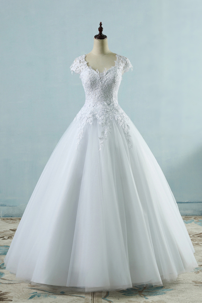 Appliques Cap Sleeve Tulle A-line Wedding Dress